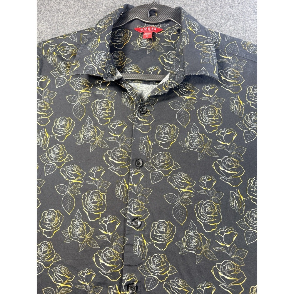 Guess Men's Black and Gold Rose Print Short Sleeve Button Down Shirt Size M
